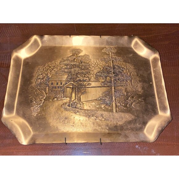 Wendell August Bronze Decorative Tray Handmade Forge Rustic Scenic 12 by 9 - Picture 2 of 10